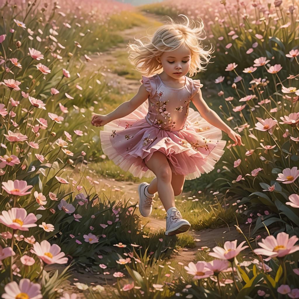 Whimsical Flower Field Fantasy Art of a Little Girl