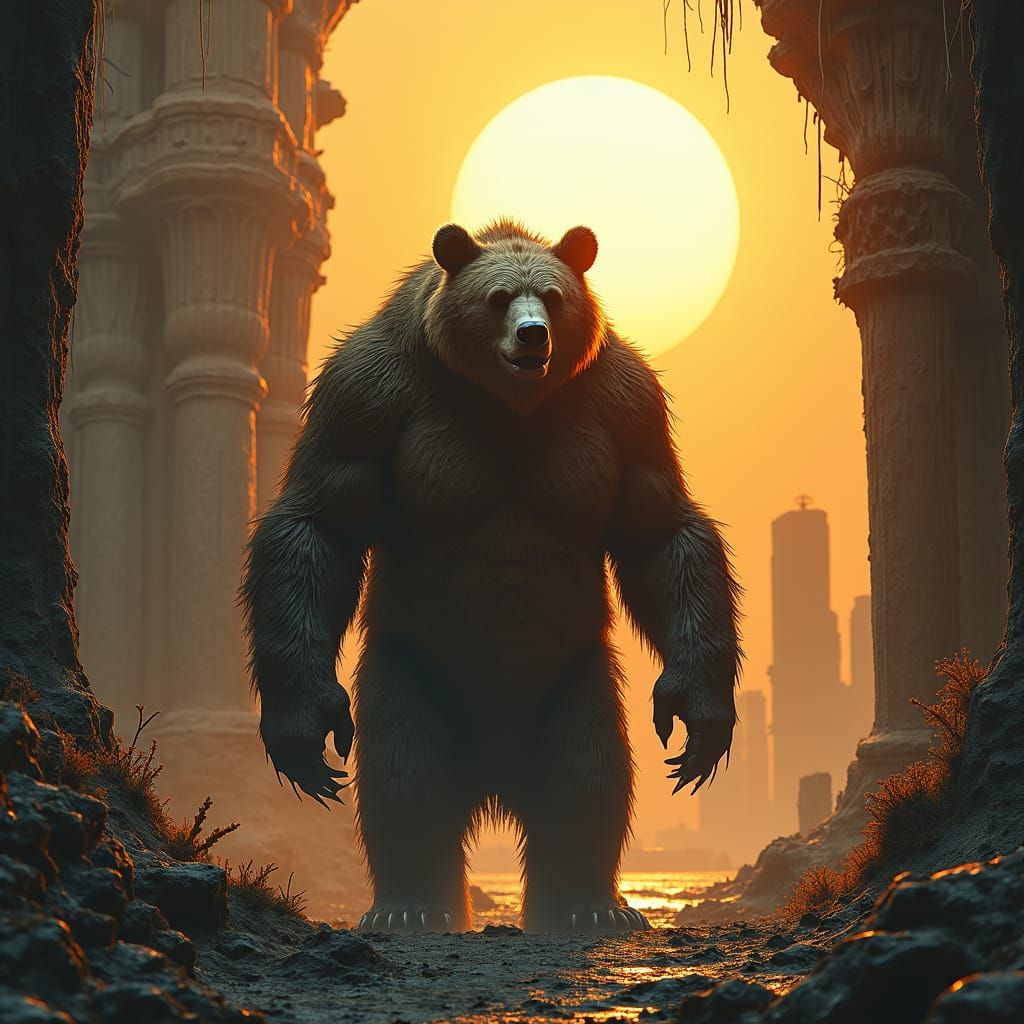 Grizzled Bear in Ruined Landscape, Matte Painting