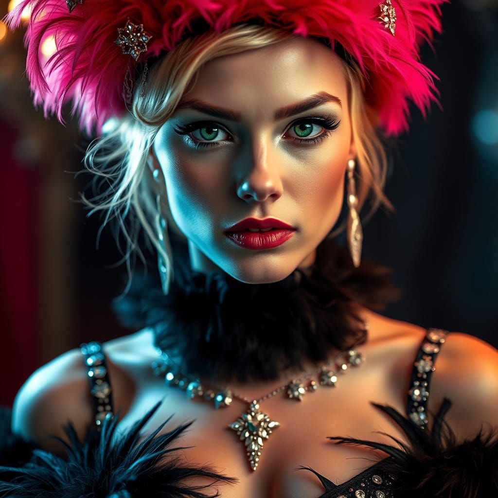 Gorgeous Petite Blonde Woman in Lavish Cabaret Queen Outfit