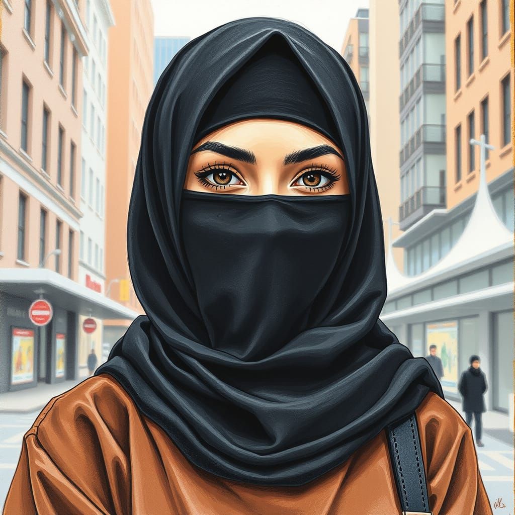 Niqabi Woman in Color Pencil Minimalist Painting