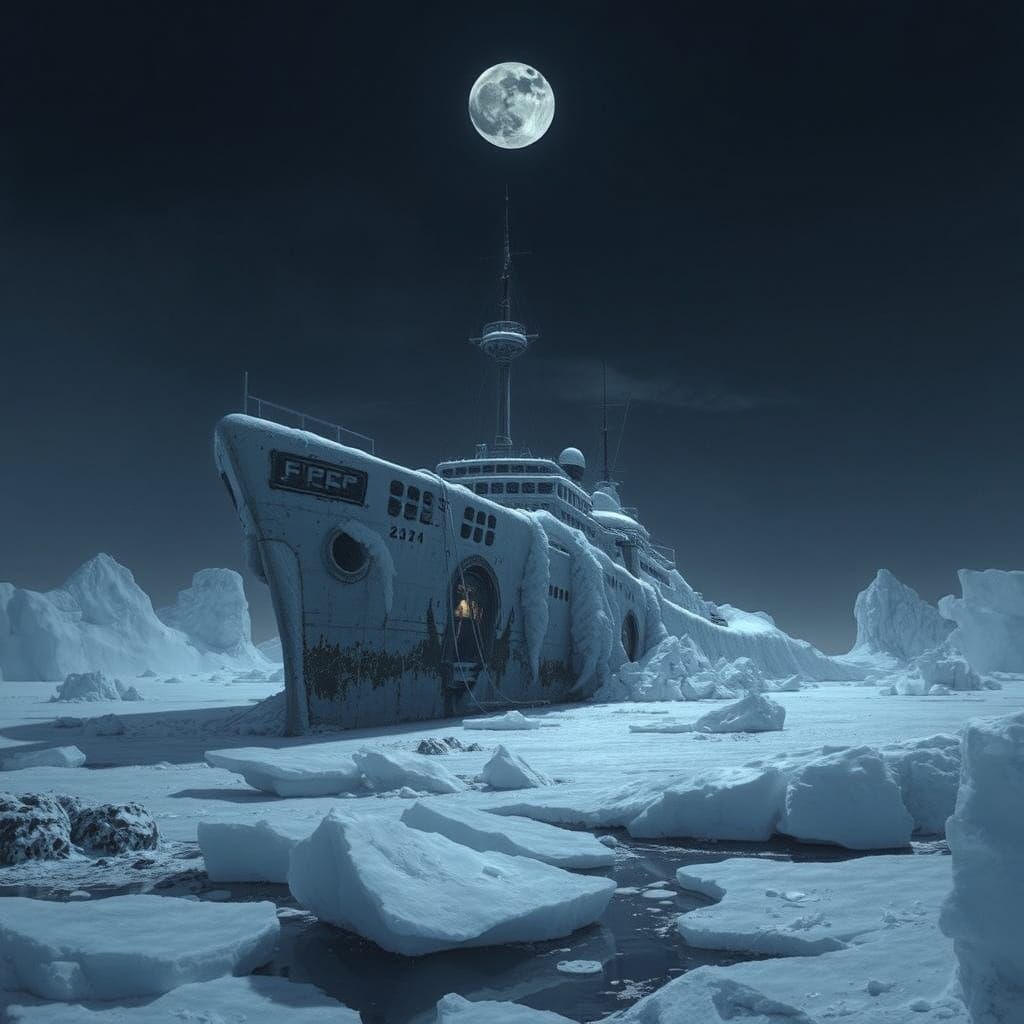 Frozen Arctic Ship Under Black Moon: Dark Surrealism