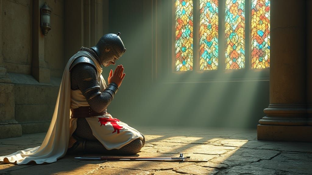 Crusader Knight Praying in Gothic Church, Concept Art