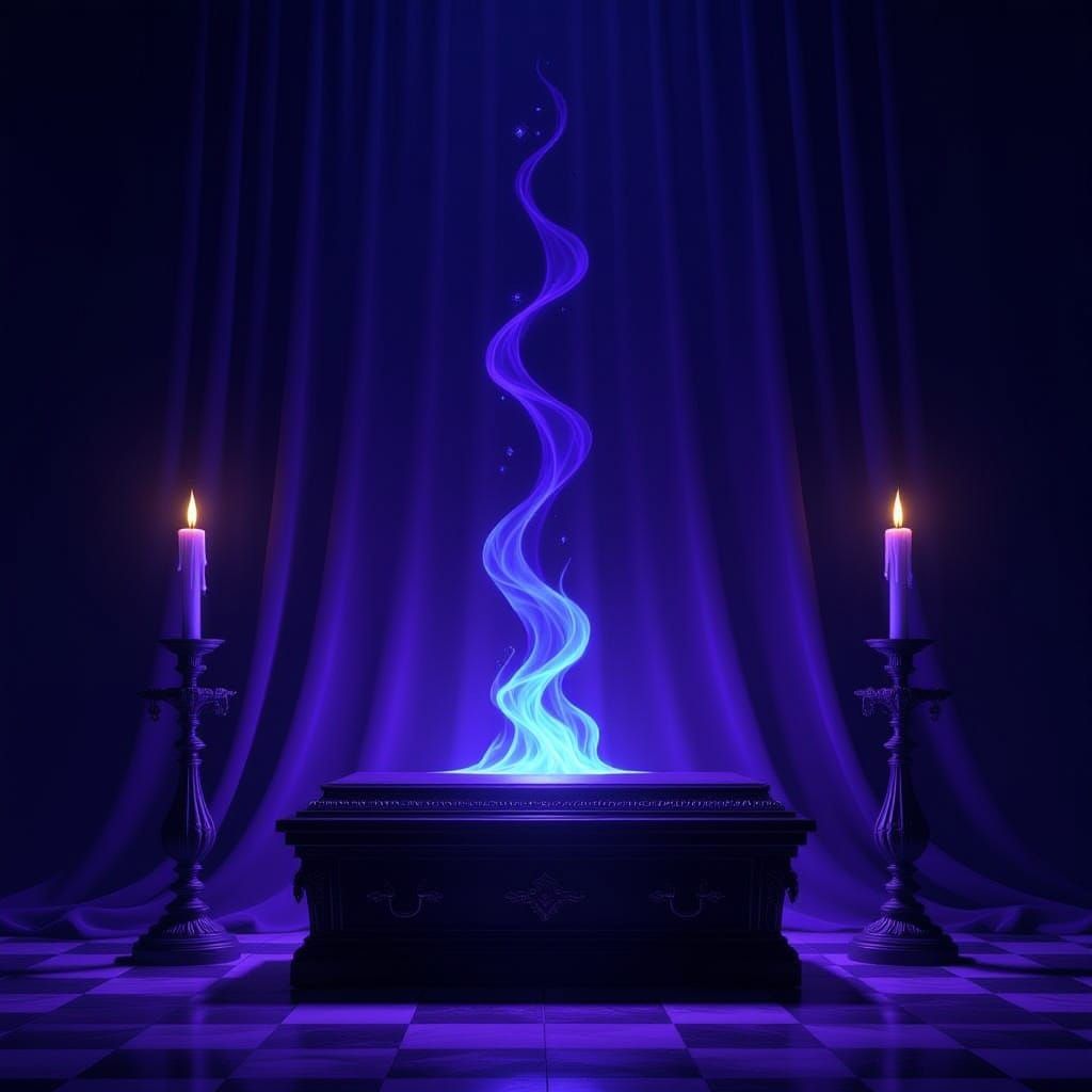 Spectral Flag Over Ornate Coffin With Blue Flames