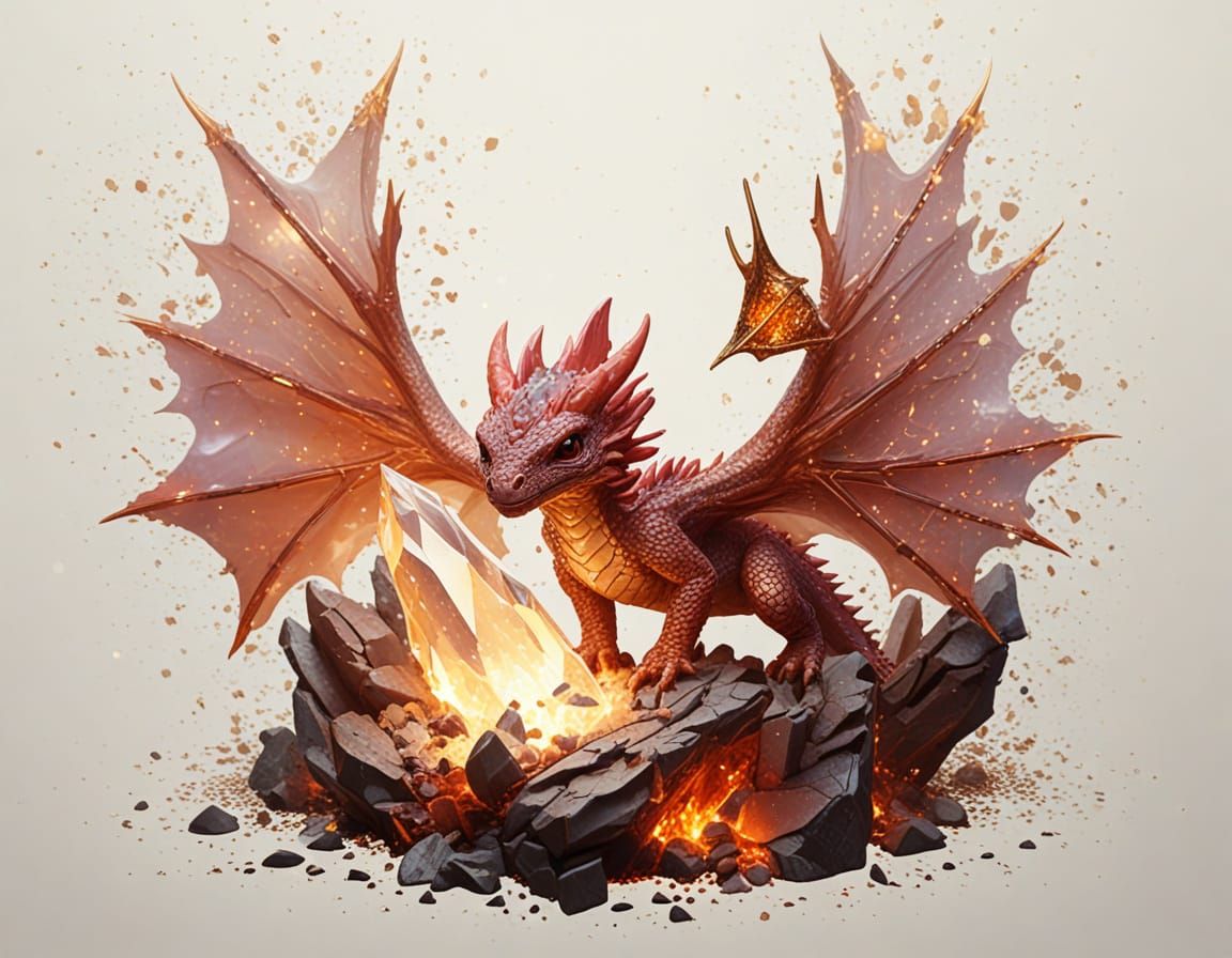 Dragon Hatchling on Crystal Shard with Magical Sparks