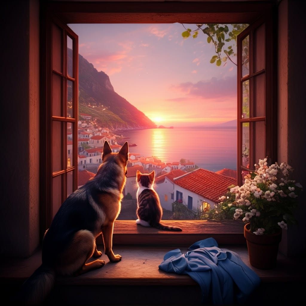 Cozy Sunset Scene with Kitten and German Shepherd
