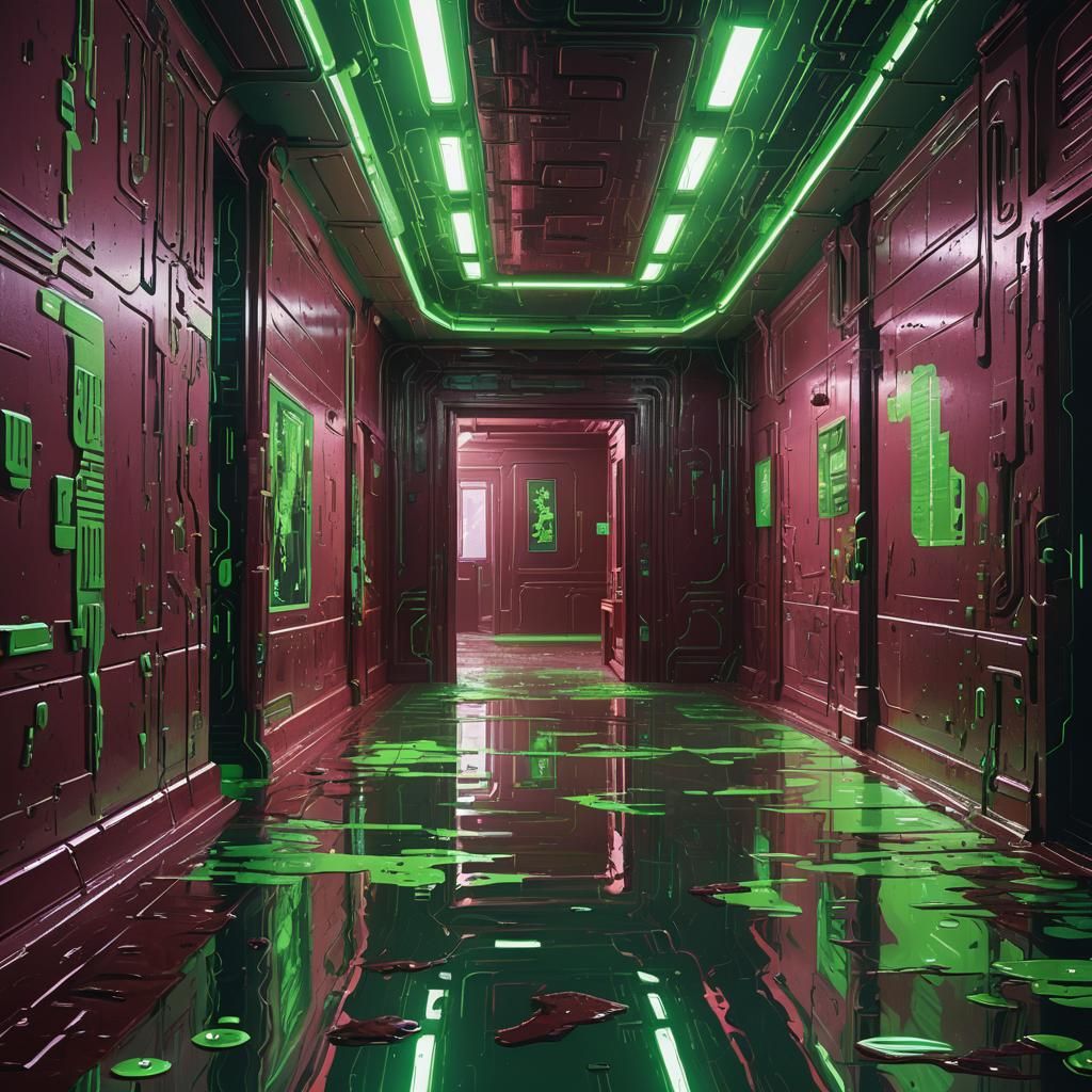 Flooded Cyberpunk Hallway with Binary Code Reflections