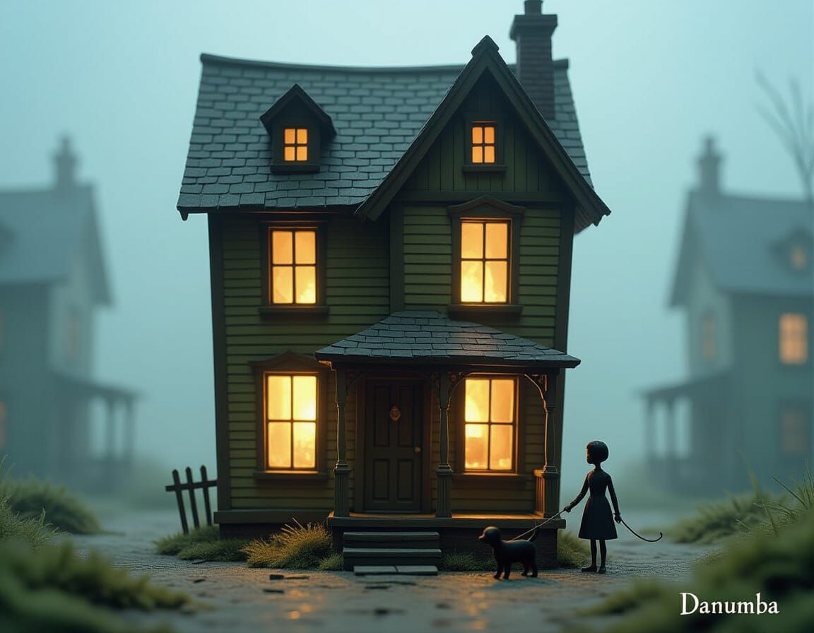 Dilapidated Crooked House in Foggy Village