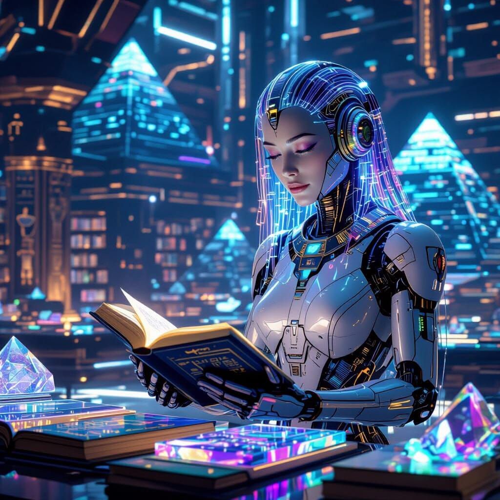 Futuristic Library with Android Librarian in Cyberpunk Style