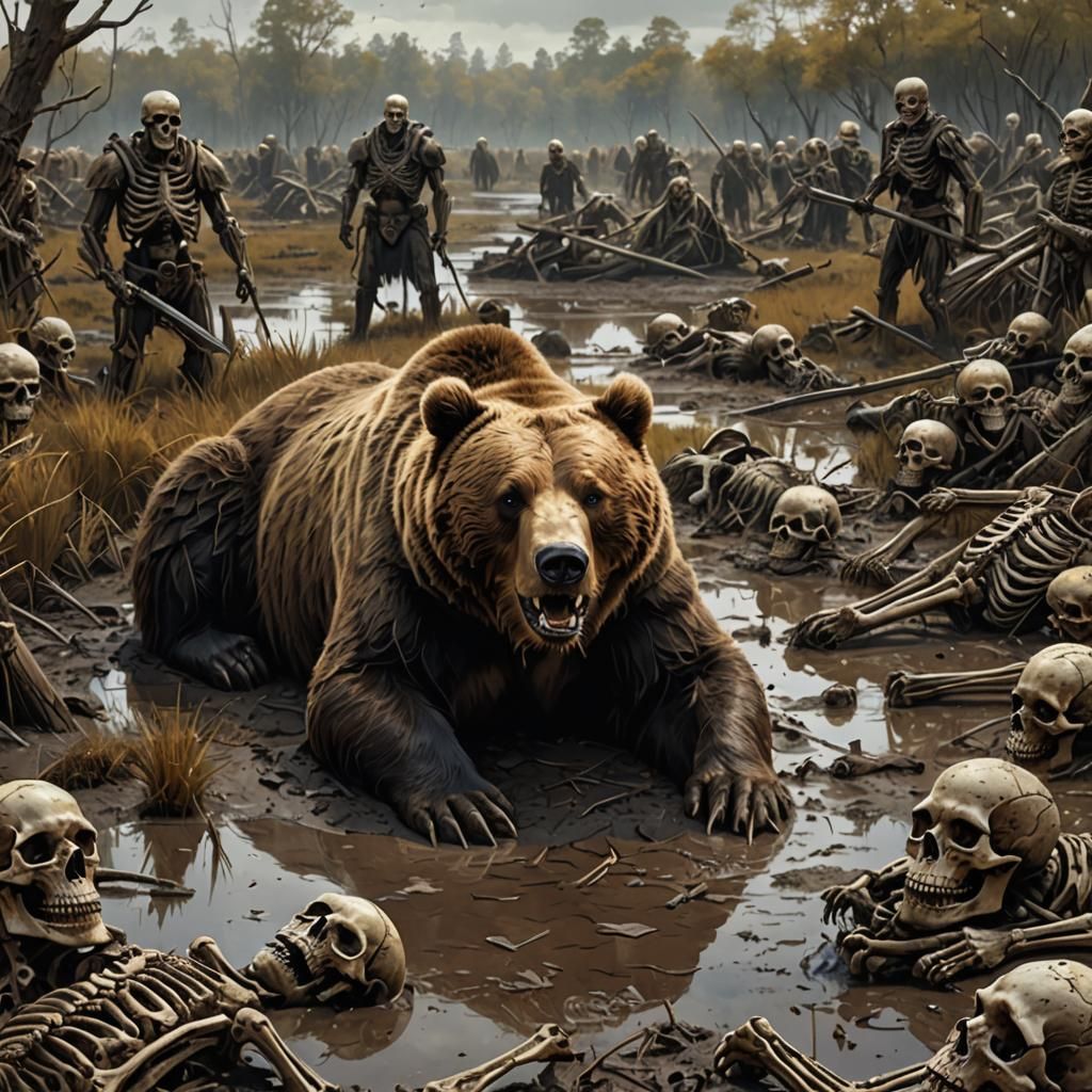 Brown Bear in Marsh with Skeleton Army