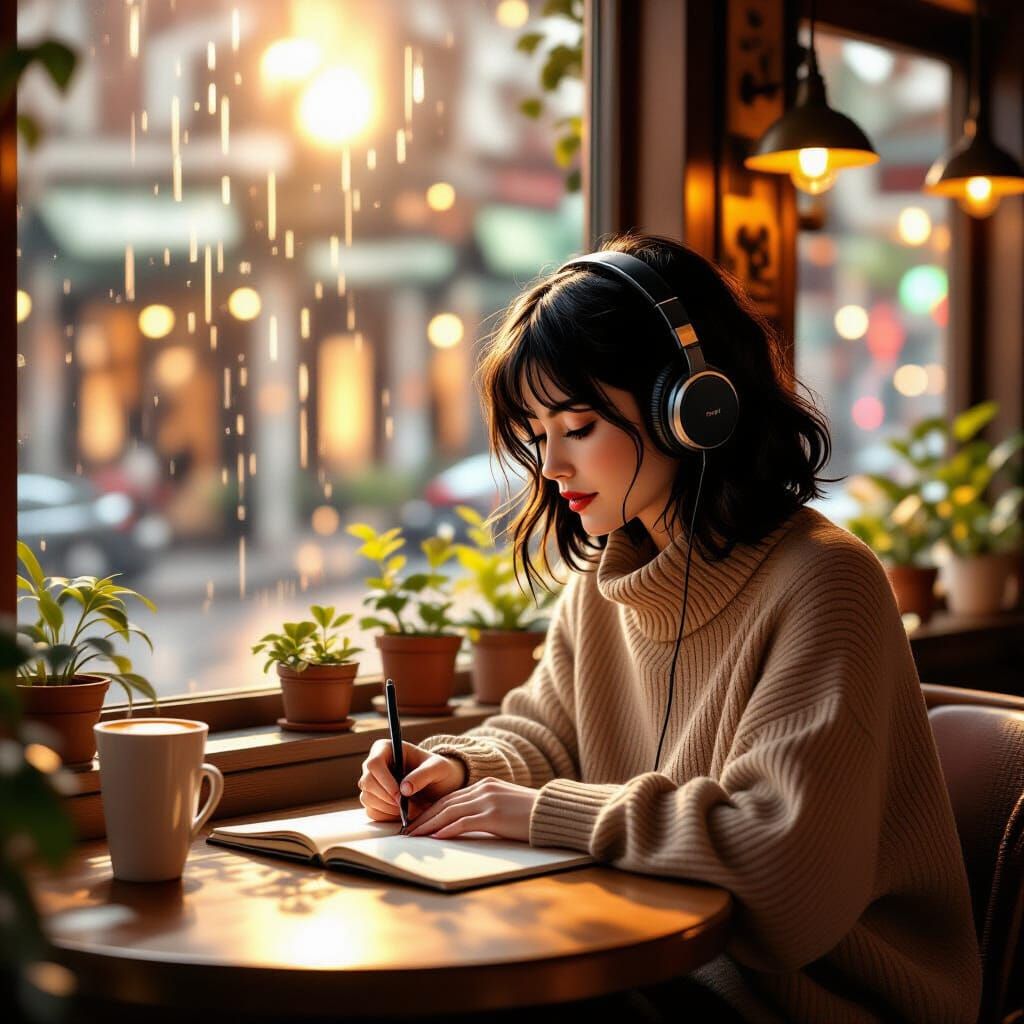 Cozy Cafe Scene with Sketching Woman