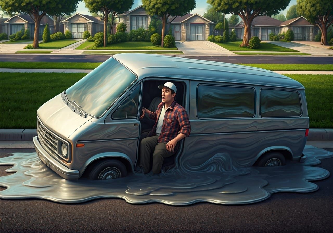 Melting Van in Suburbia: a Fantastical Vision
