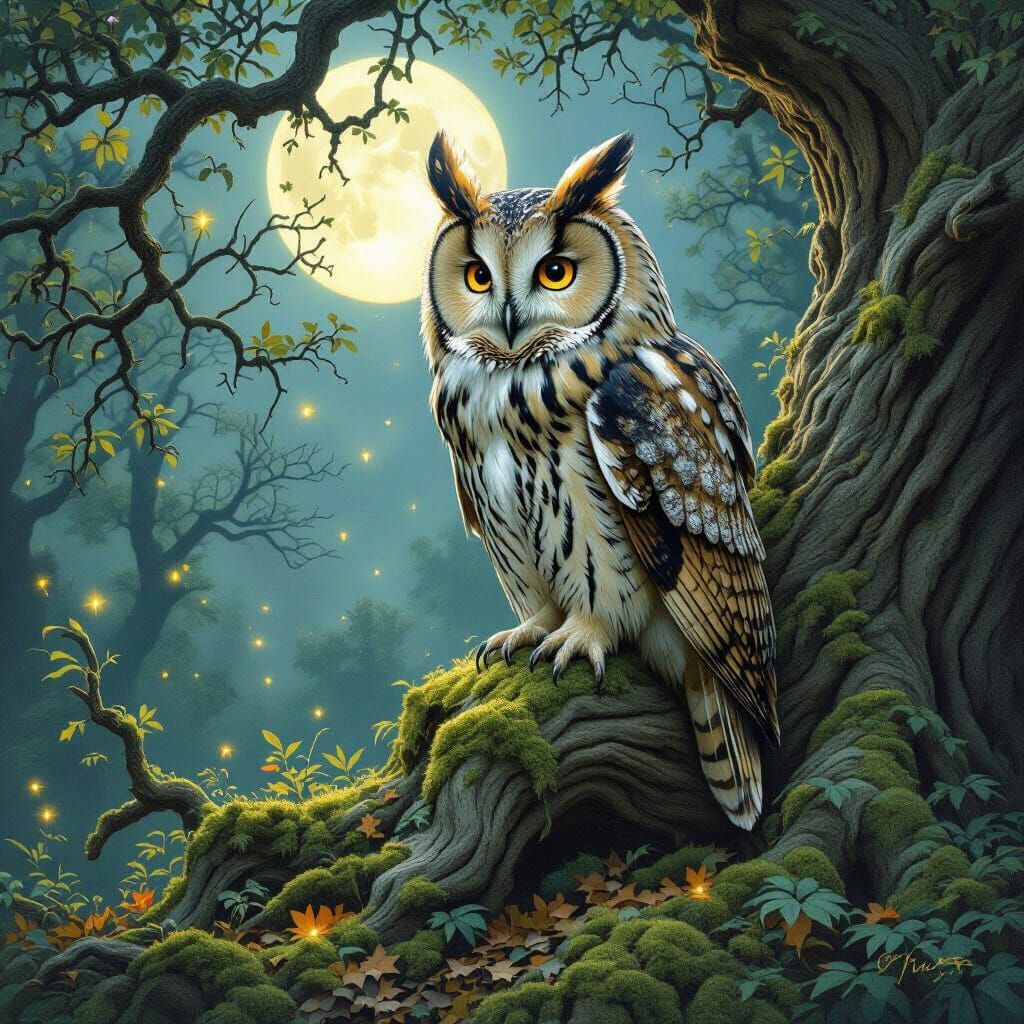 Wise Old Owl in Moonlit Forest, Hyperrealistic Style