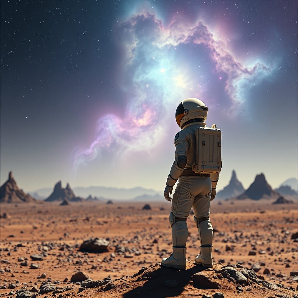 Astronaut Gazing at Nebula on Alien Planet