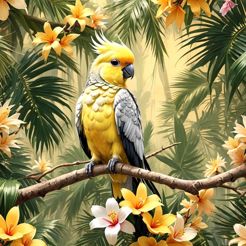 Happy Cockatiel in Tropical Paradise, 3D Render
