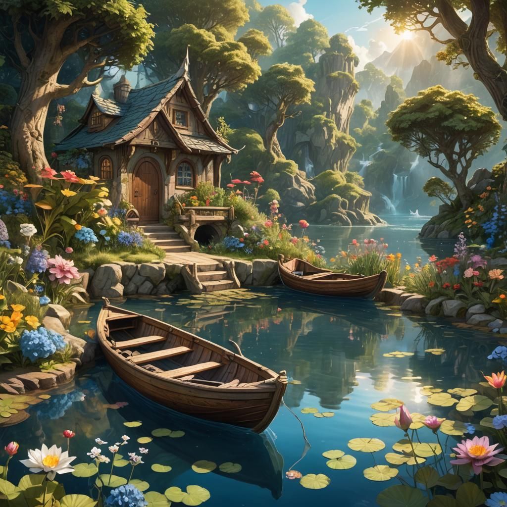 Gnome Boat on Serene Lake in Fantasy Art Style