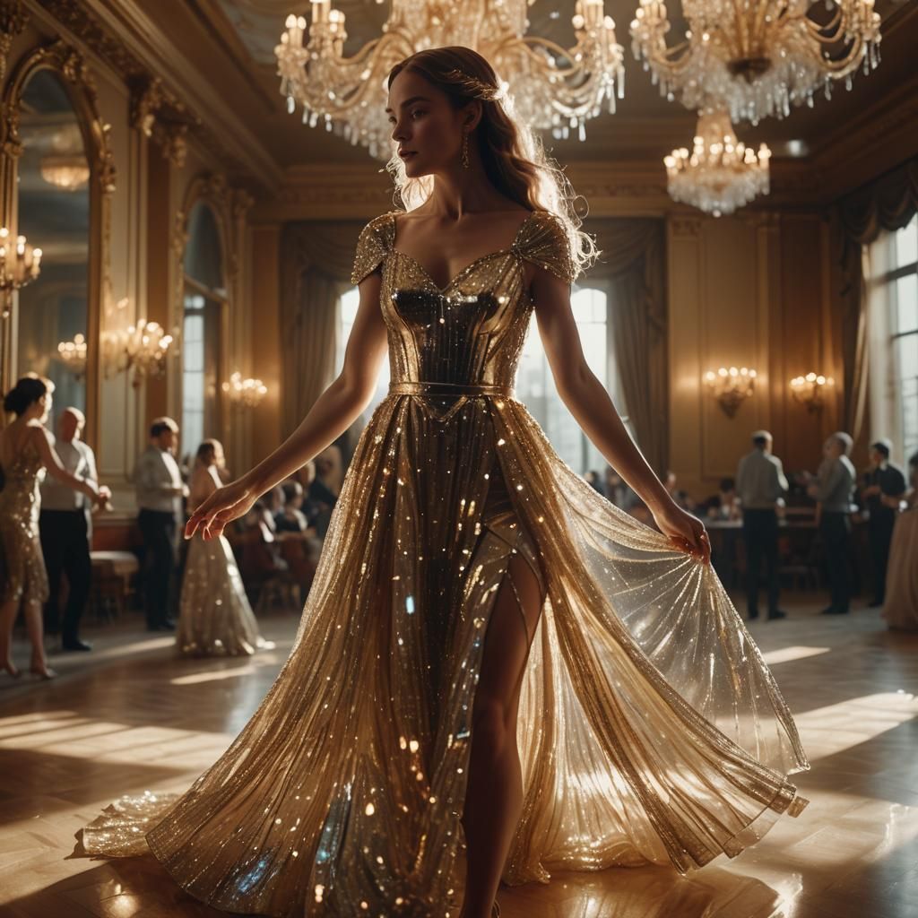 Woman in Ballroom with Crystalline Skirt, Cinematic Still
