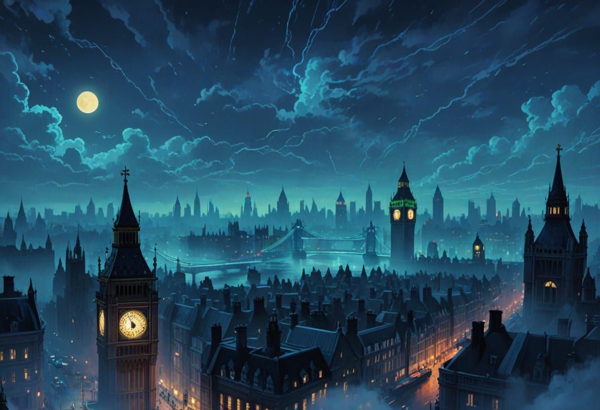 London Nighttime in Vibrant Disney Animation Style