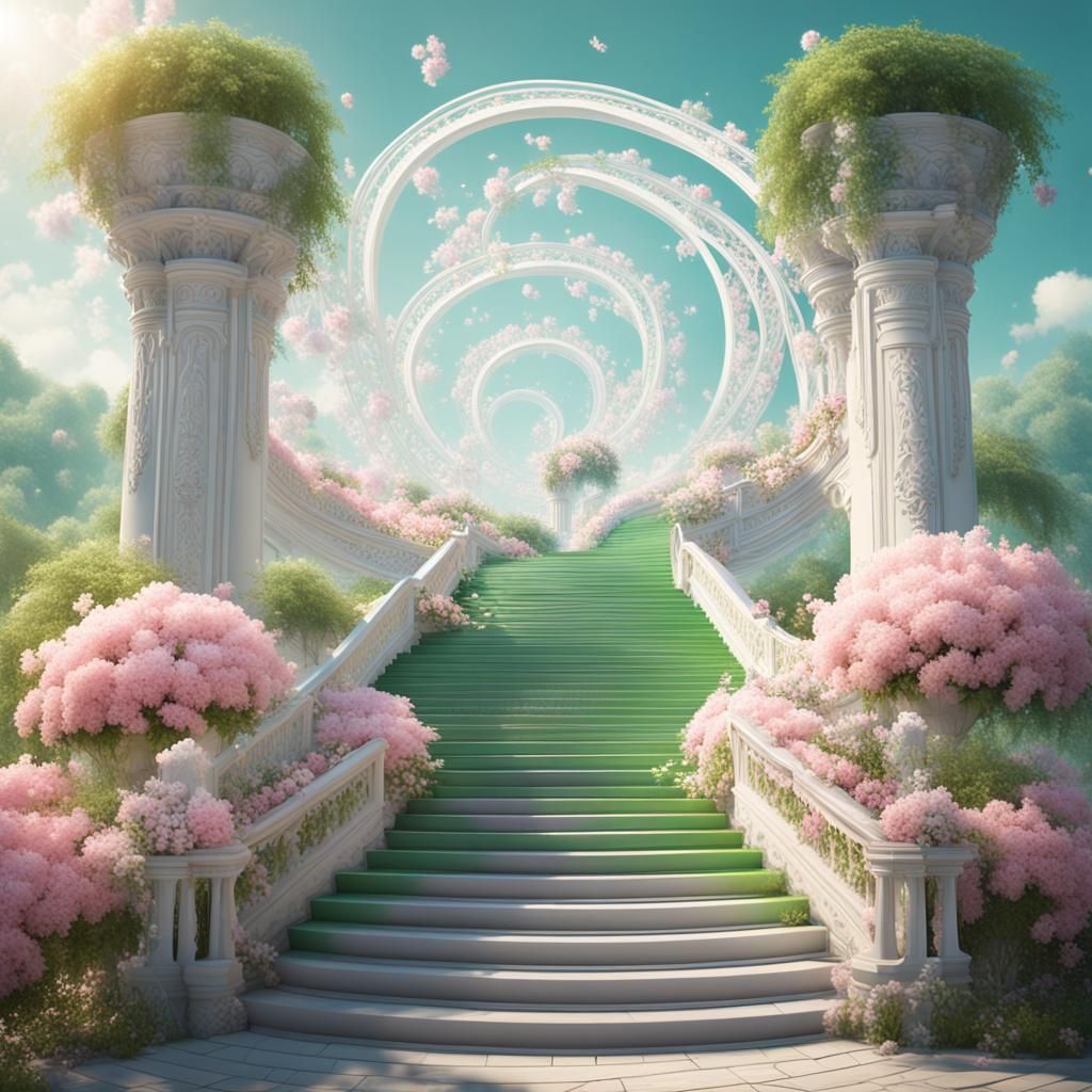 Spiral Stairway to Light with Blossoms, Fantasy Art