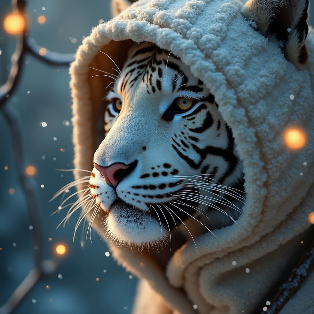 Regal Albino Tiger Amidst Whimsical Winter Wonderland