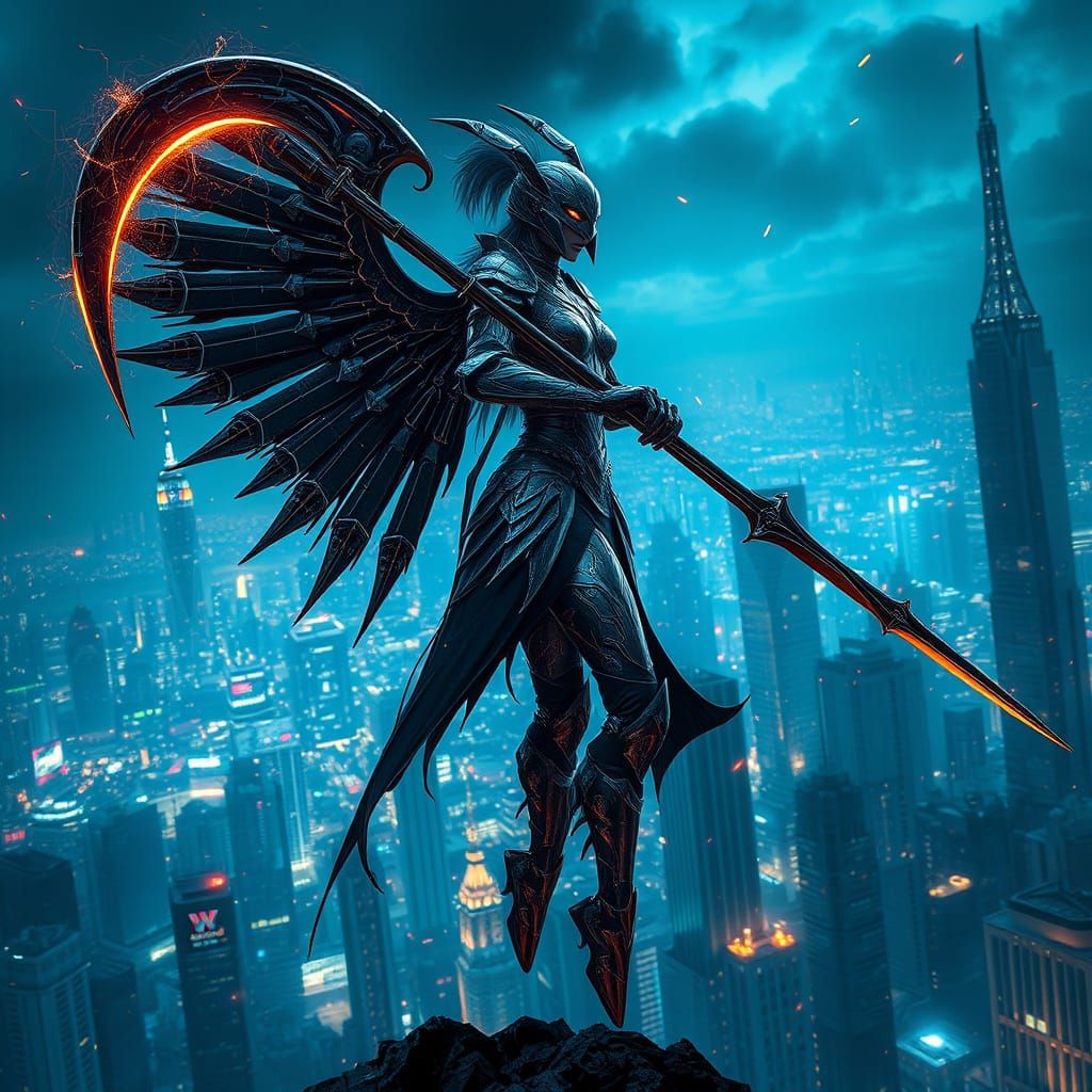 Cyberpunk Knight Soars Through a Dystopian Cityscape in Unre...