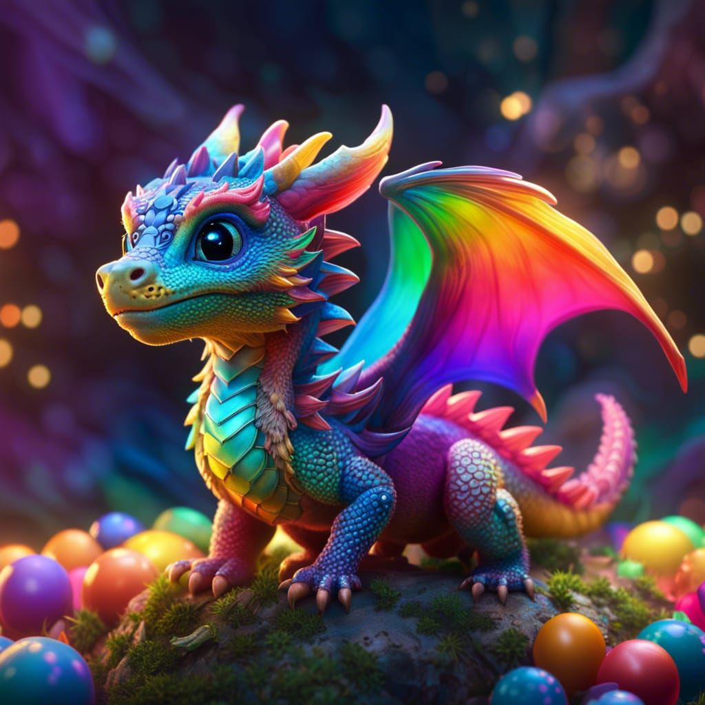 Rainbow Baby Dragon in Magical Fantasy Landscape