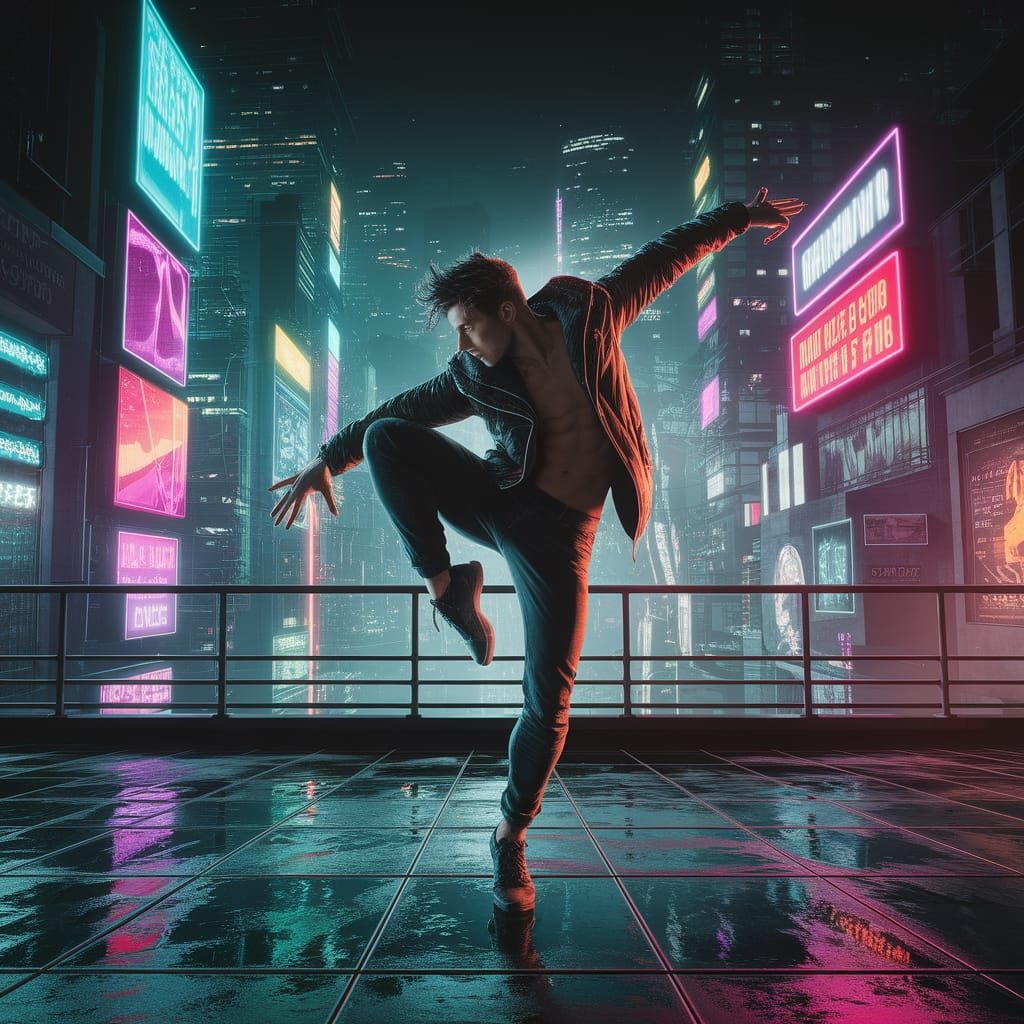 Cyberpunk Rooftop Dancer in Dynamic Charcoal Style