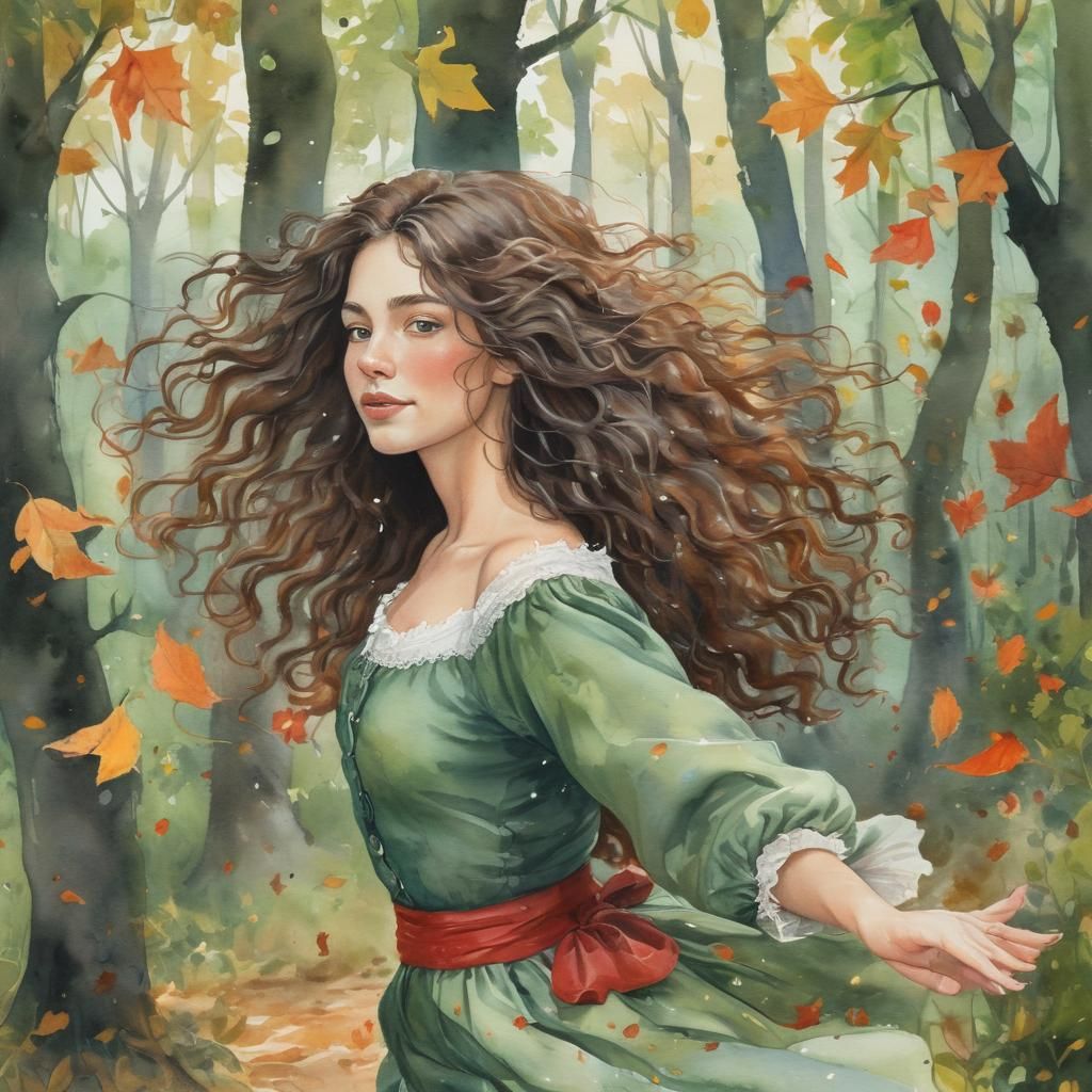 Spanish Girl Dancing in Autumn Forest: Watercolor Art