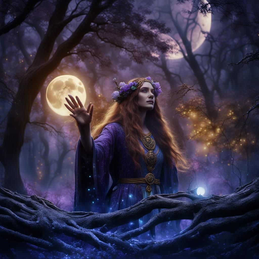 Mystical Druid Embraces the Moonlit Forest