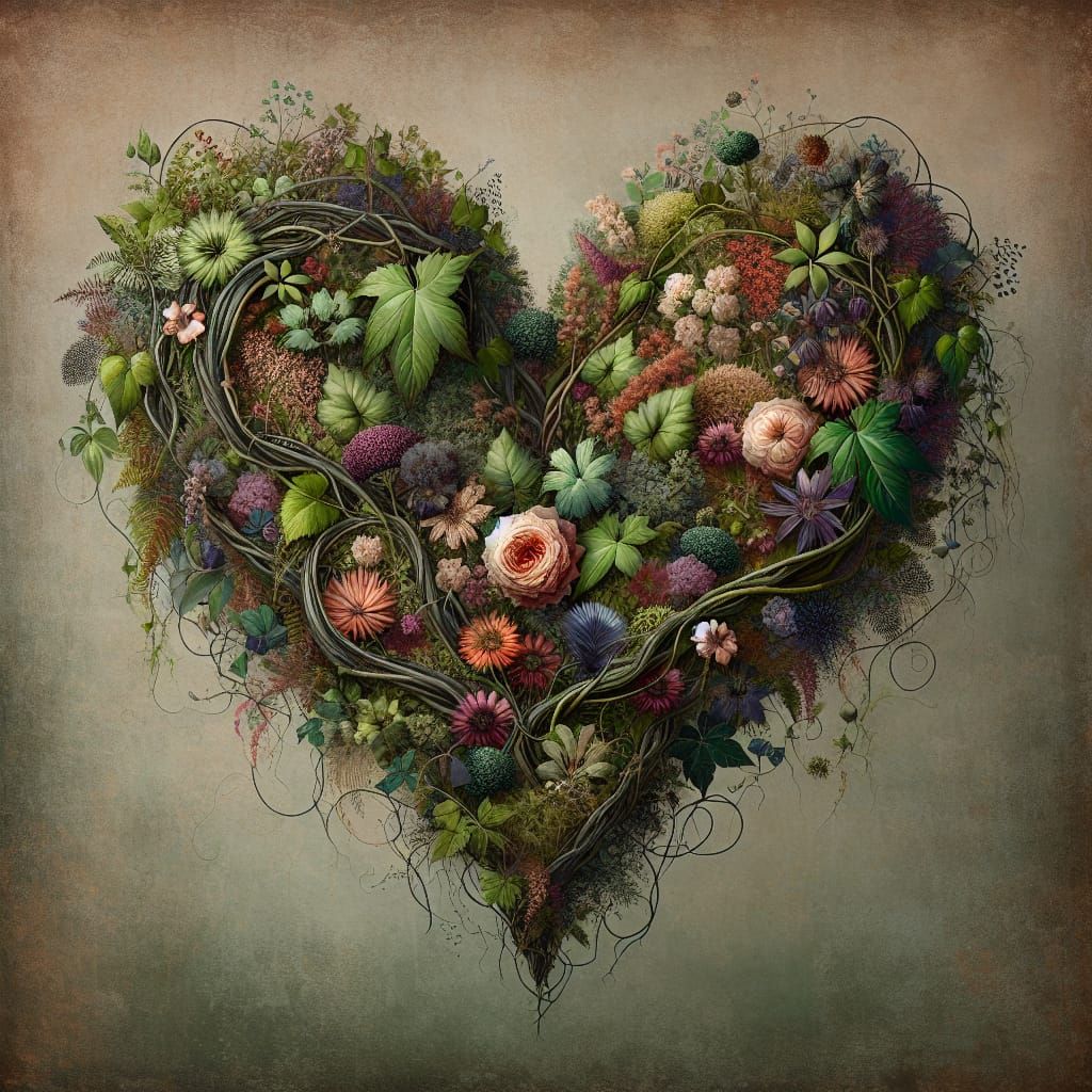 Botanical Heart of Woven Vines and Flowers