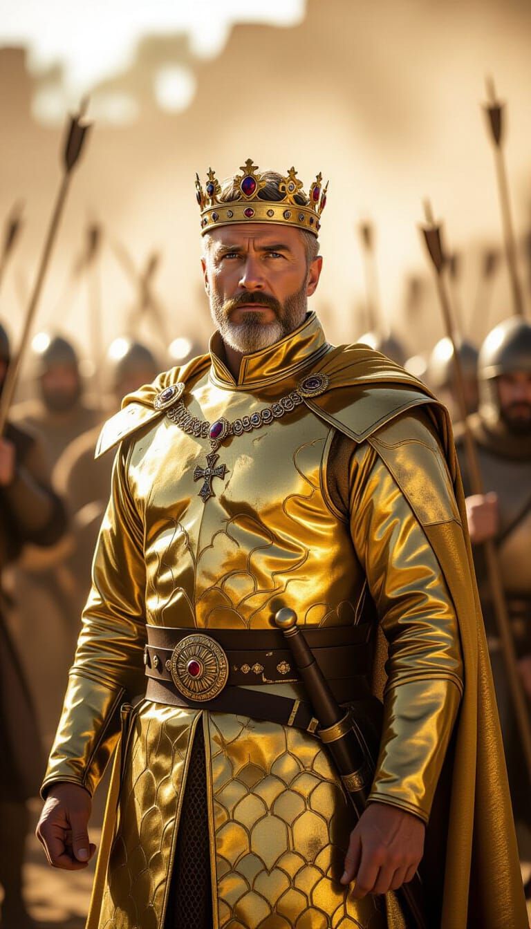 King Stands Proudly Before Hesitant Army