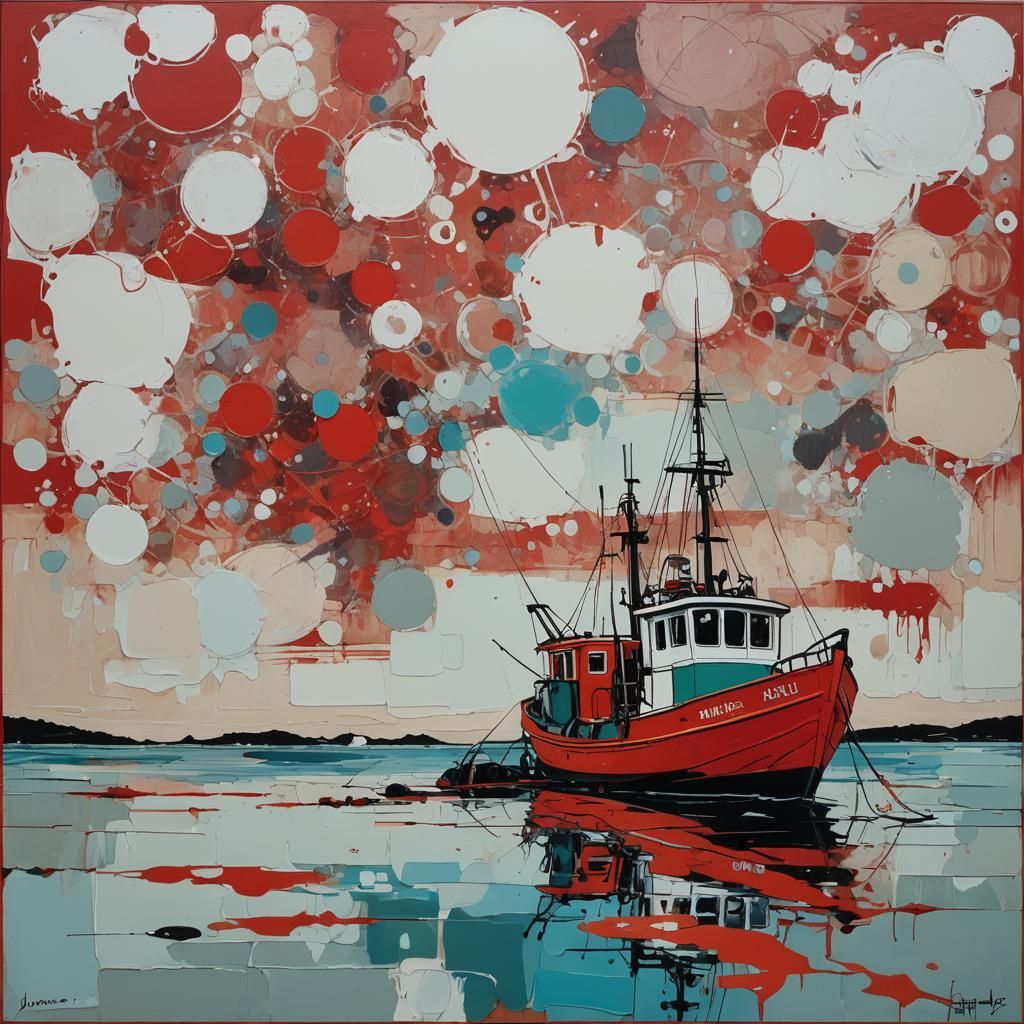 Red Fishing Boat in Abstract Comic Style