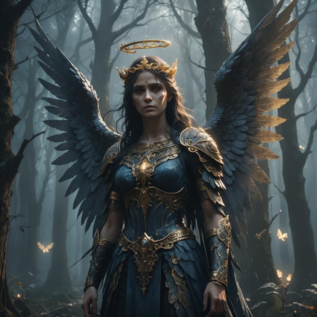 Dark Angel in Misty Forest: Fantasy Art