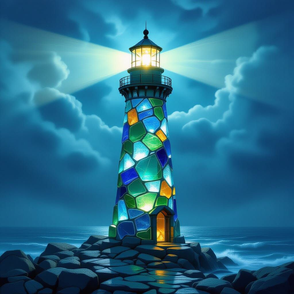 Sea Glass Lighthouse Shines in Moonlit Night