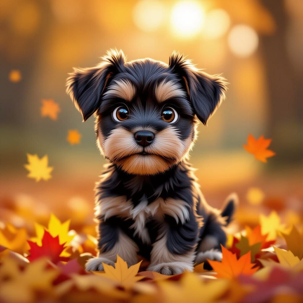 Playful Chocolate Schnauzer Puppy in Autumn Leaves