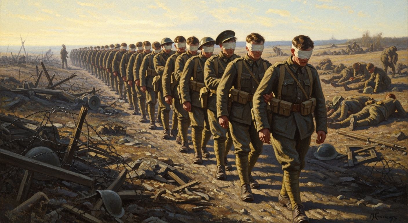 WWI Battlefield Scene: Bandaged Soldiers in Sargent Style