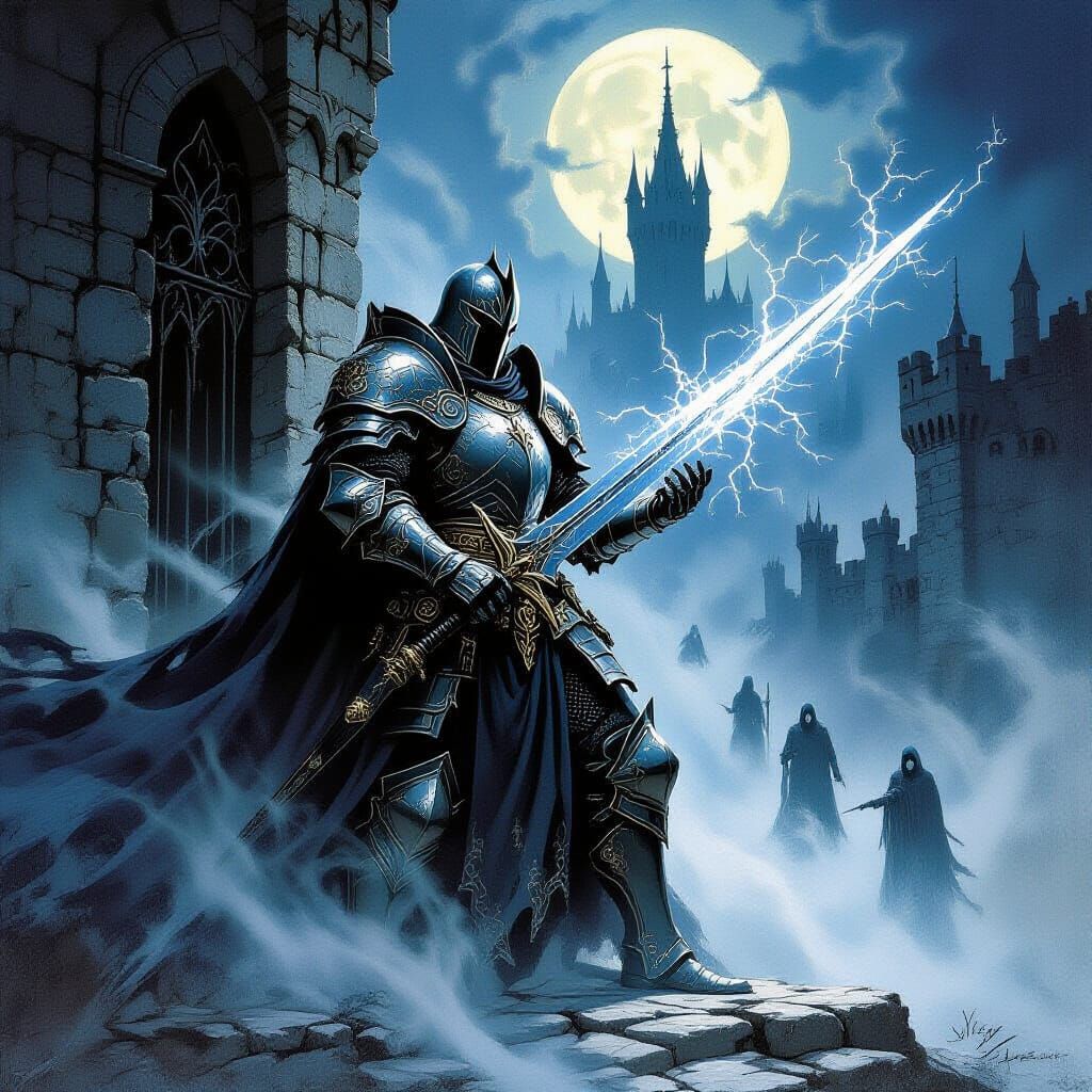 Spectral Knight Guards Moonlit Castle Gate in Dark Fantasy S...