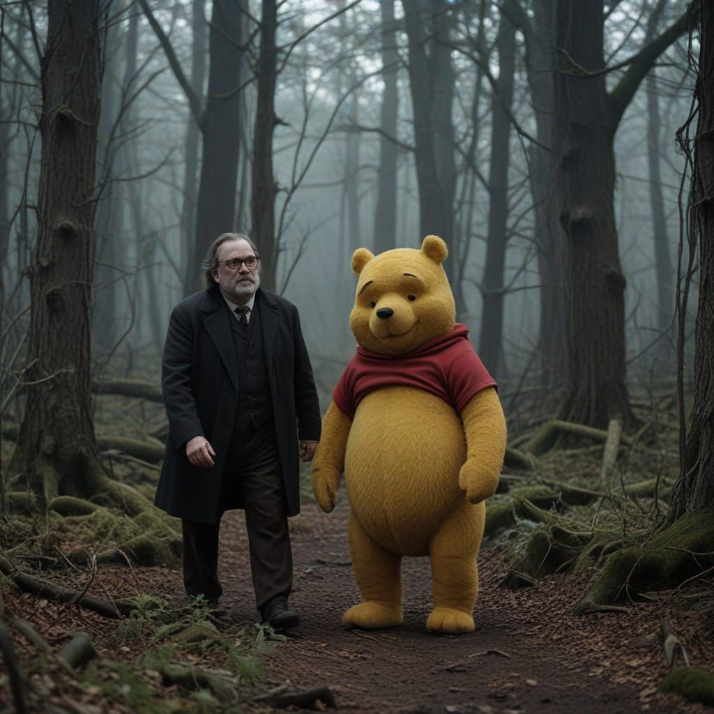 Eerily Distorted Winnie the Pooh in Haunting Cinematic Style