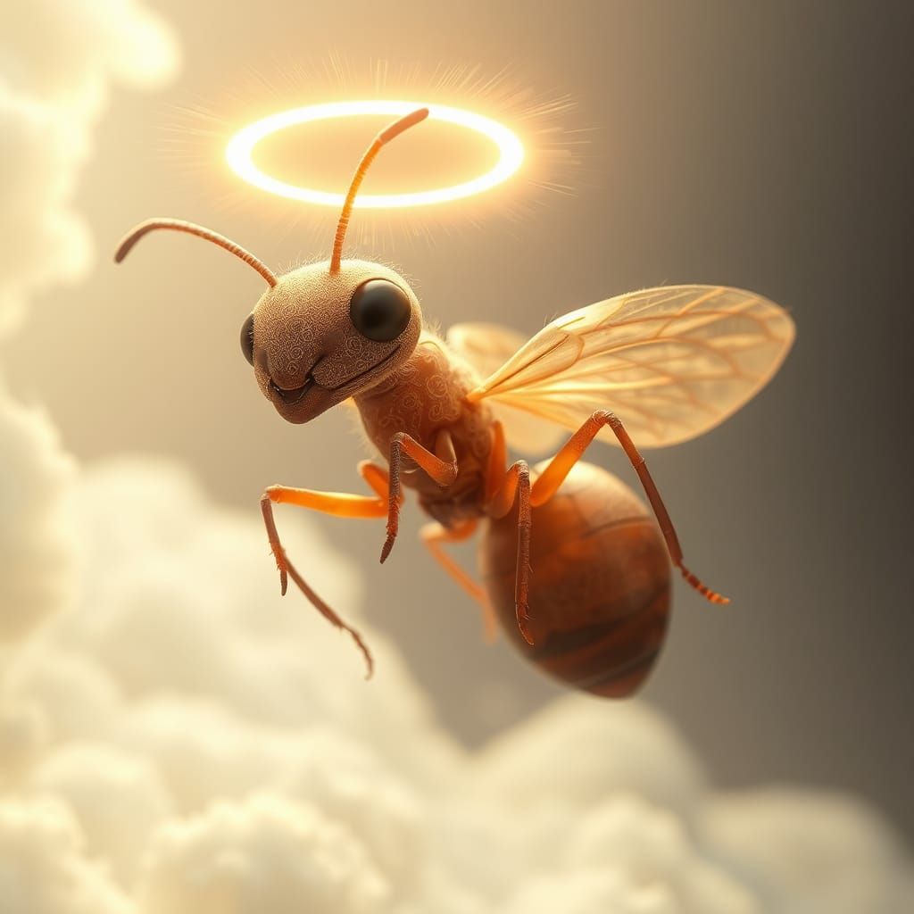 Ethereal Ant with Halo in Hyper-Realistic Detail