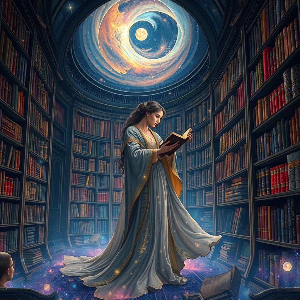 Cosmic Librarian in Art Nouveau Galaxy Library