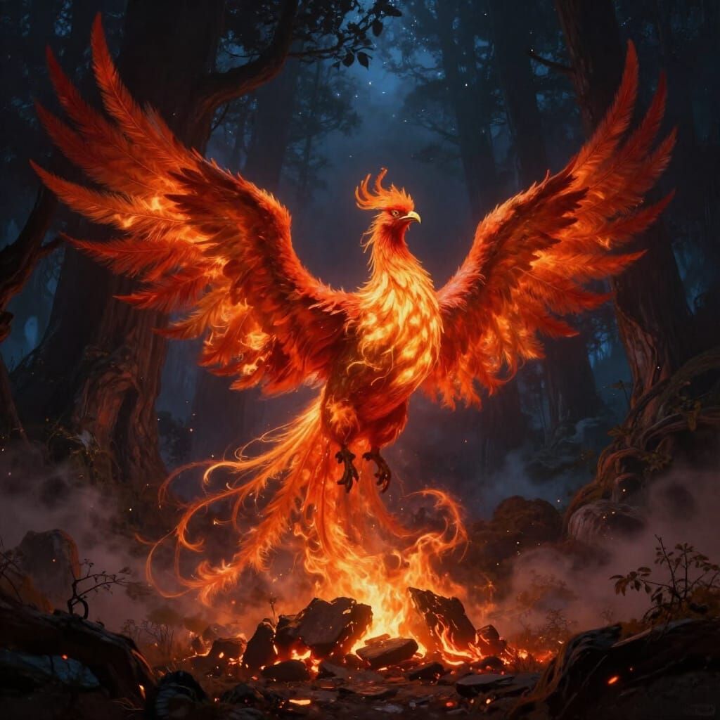 Majestic Phoenix Rises From Embers in Mystical Forest