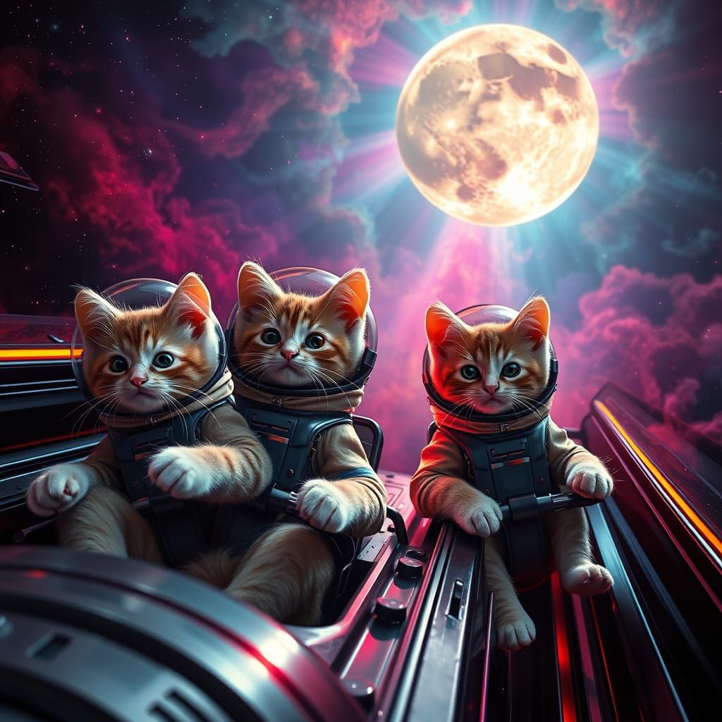 Kittens Blast Off in Spaceship Amidst Vibrant Lunar Nebula