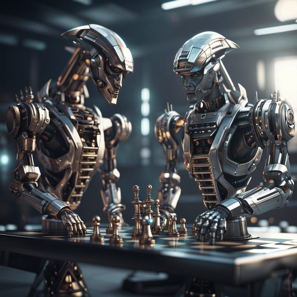 Killer Robots Playing Chess in Cinematic Sci-Fi Style