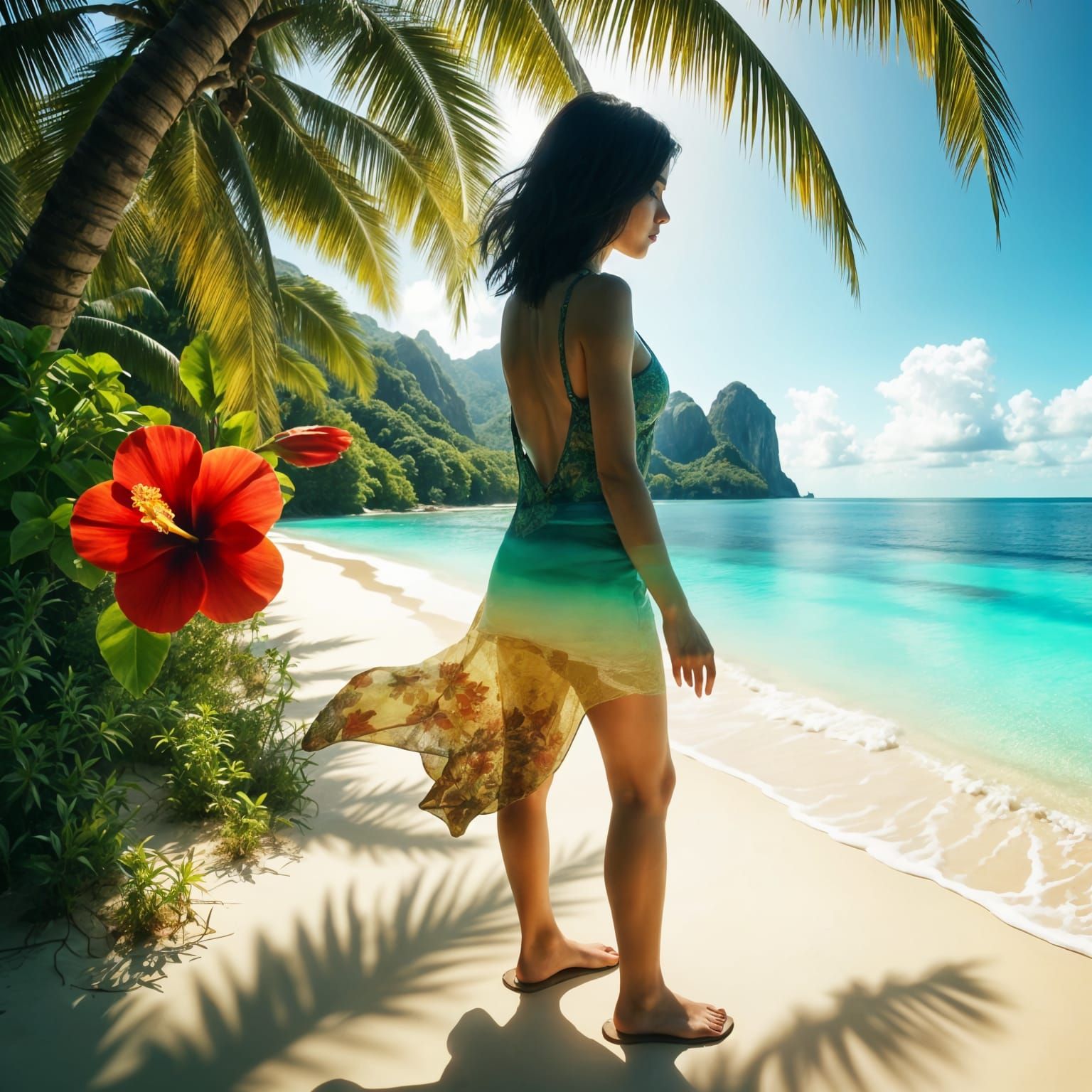 Surreal Double Exposure of a Dark-Haired Woman on a Tropical...