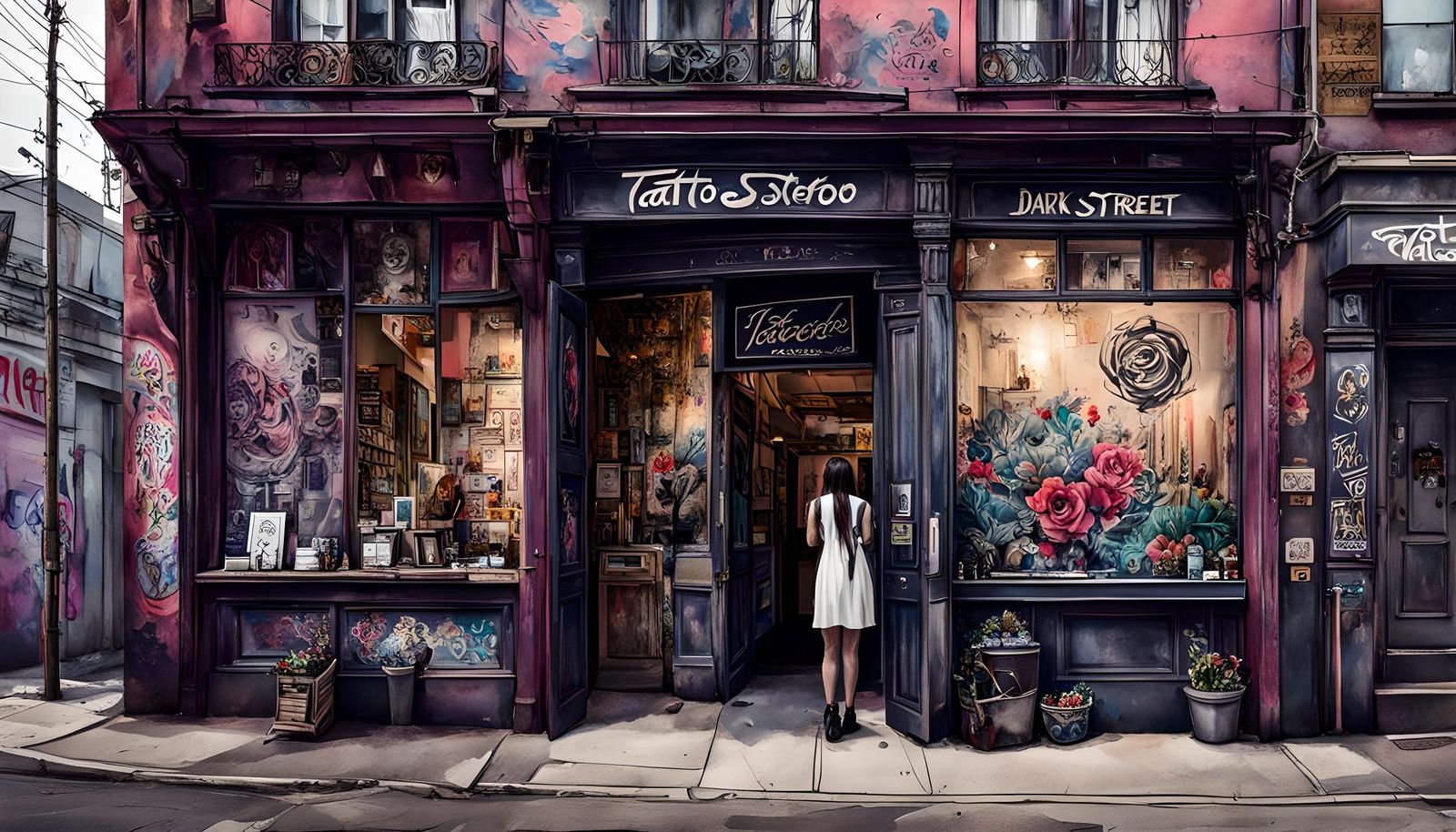 Watercolor Tattoo Shop Doorway on Dark Street