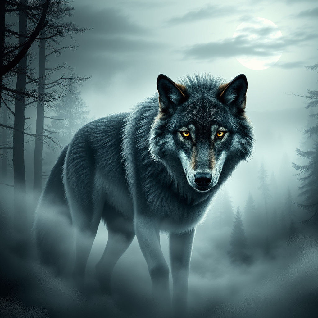 Monochromatic Wolves in Mystical Forest as Fantasy Art