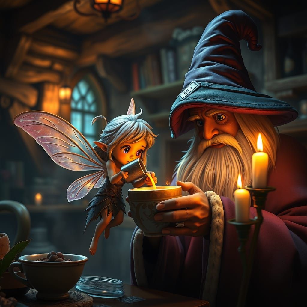 Fairy Pours Coffee for Wizard in Cozy Tavern