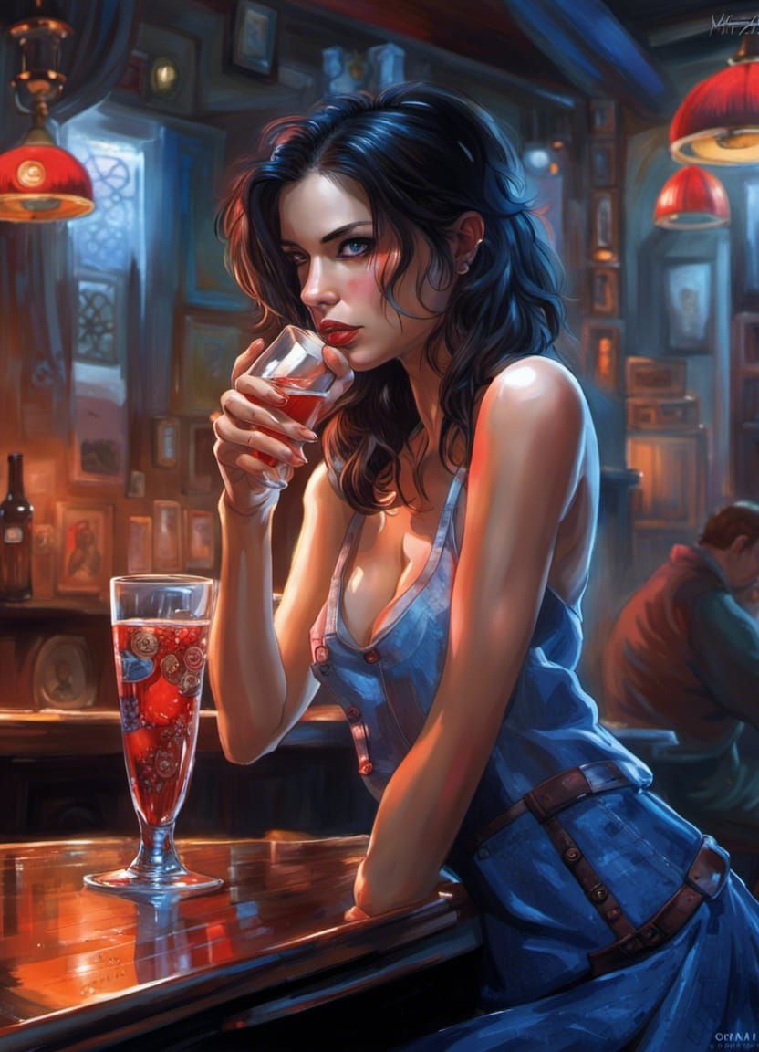 Mesmerizing Beauty in a Bar: Fantasy Art Style