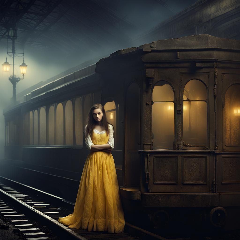 Girl in Foggy Station: Photorealistic Daguerreotype