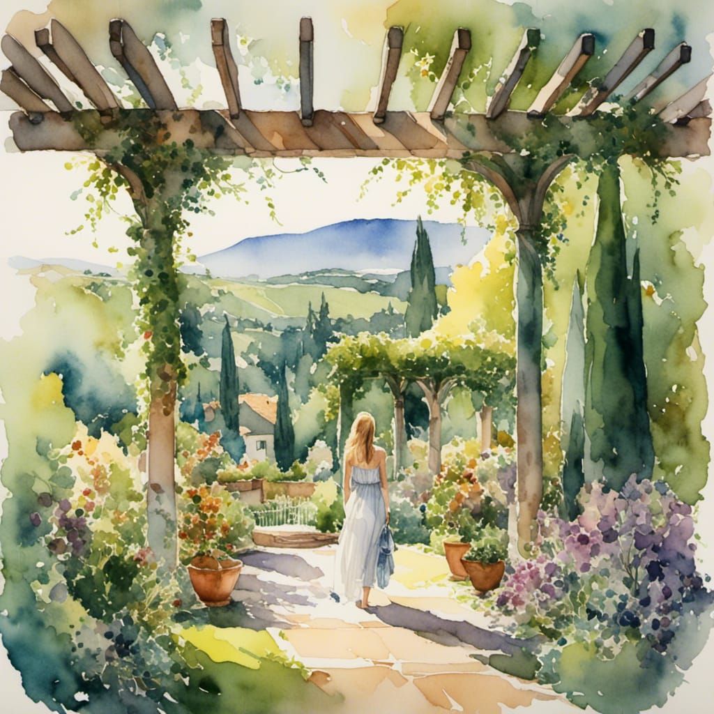 California Winery Garden in Romantic Watercolor Style