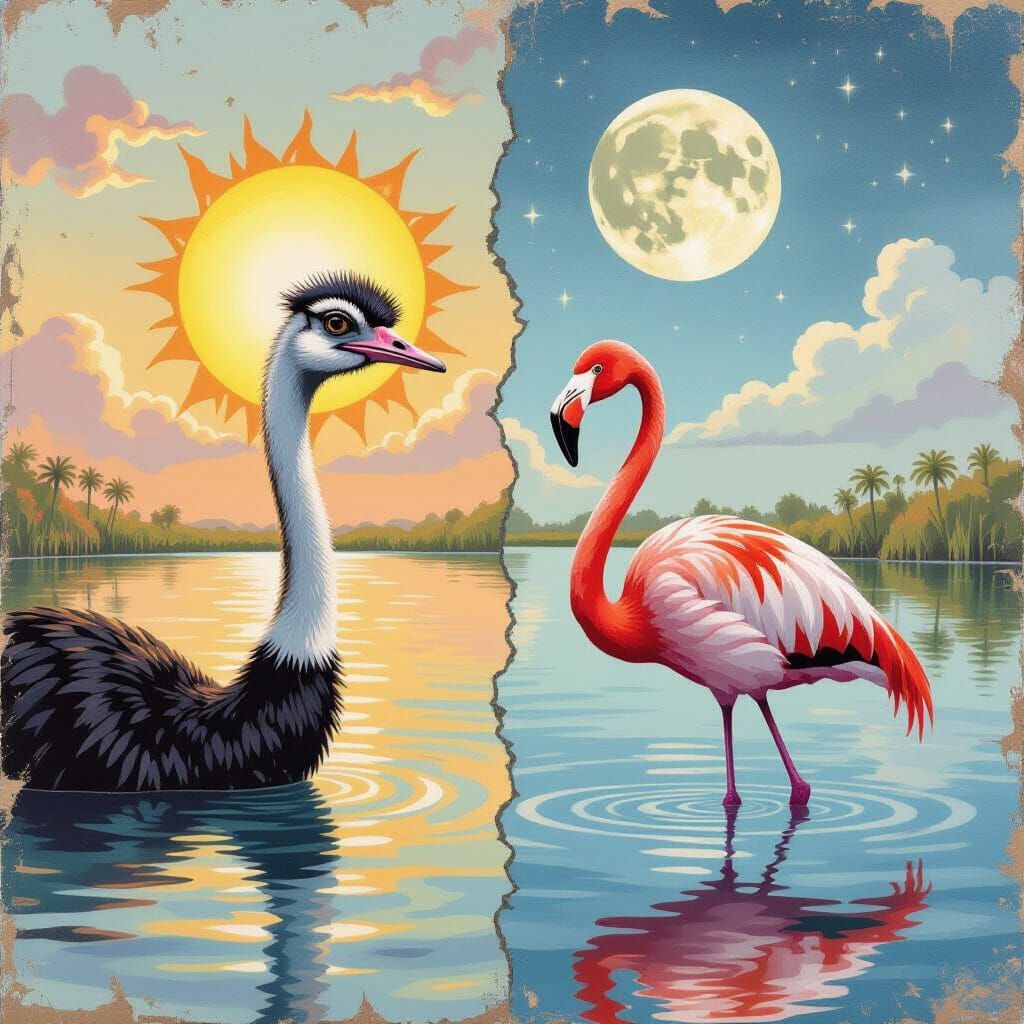 Surreal Split Scene: Ostrich, Flamingo, Sun & Moon